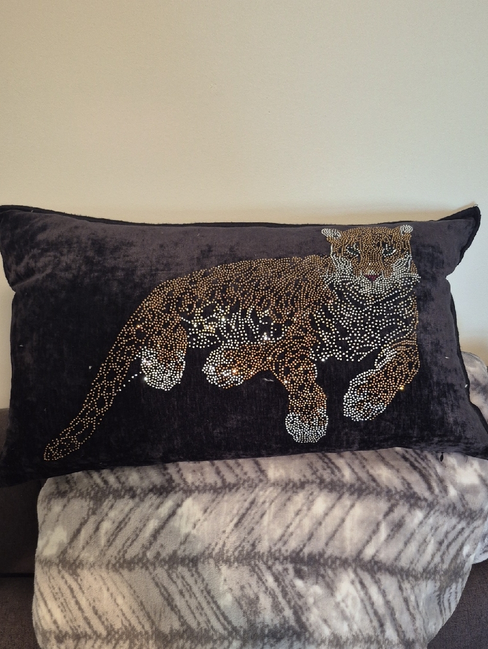 Black Velvet Leopard Accent Pillow with Gold and Silver Stud Embellishment